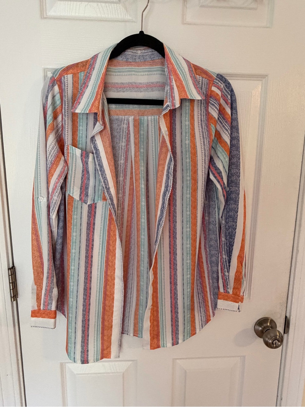 Striped Open-Front Button-Up Blouse in Orange & Blue